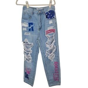 Rock Original Jeans Distressed Jeans Women L Blue Patchwork Jeans Women Denim